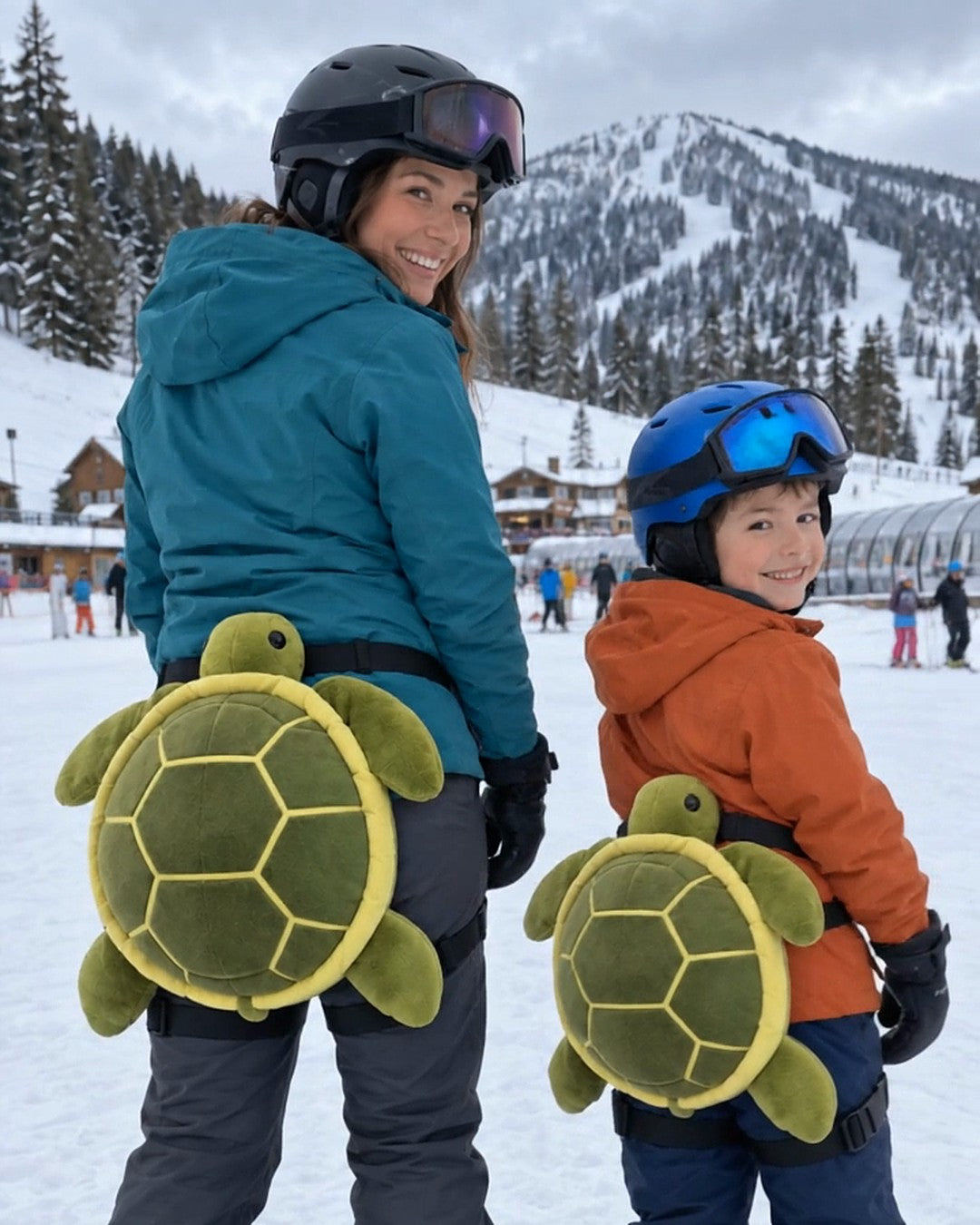 Parent and child wearing matching turtle bum pads